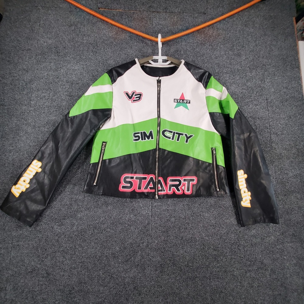 Sim City Faux Leather Racing Jacket Black Green White Graphic Moto Womens M